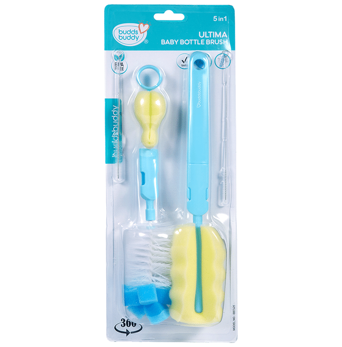 Buddsbuddy 5 in 1 Ultima Baby Feeding Bottle Nipple Straw Brush Cleaner Blue