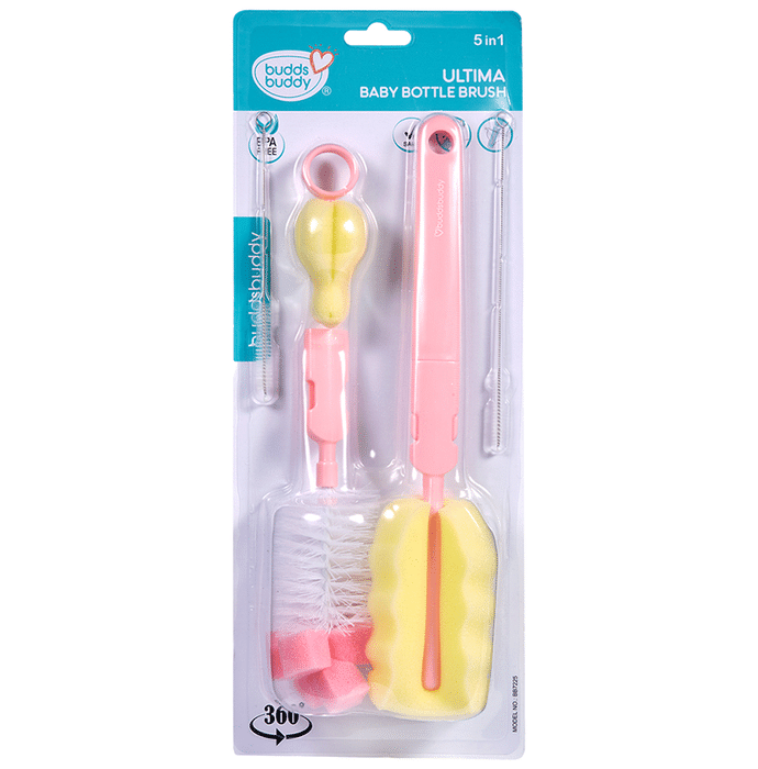 Buddsbuddy 5 in 1 Ultima Baby Feeding Bottle Nipple Straw Brush Cleaner Pink