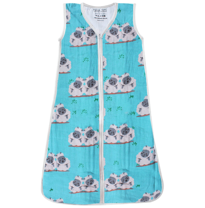 Polka Tots 100% Organic Muslin Cotton Sleeping Sack & Swaddle Bag Wrapper Sheep-Blue