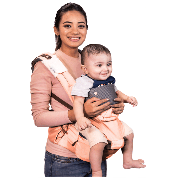 Polka Tots Baby Carrier 6 in 1 with Detachable Hip Seat Adjustable Soft Kangaroo Waistbelt for 3 to 36 Months Peach