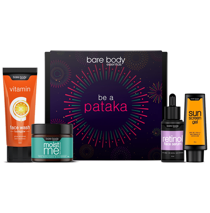 Bare Body Essentials Be A Pataka with Vitamin C Face Wash 100ml Moist Me Face Moisturizer 50g Retinol Face Serum 25ml and Sunscreen Gel 30g