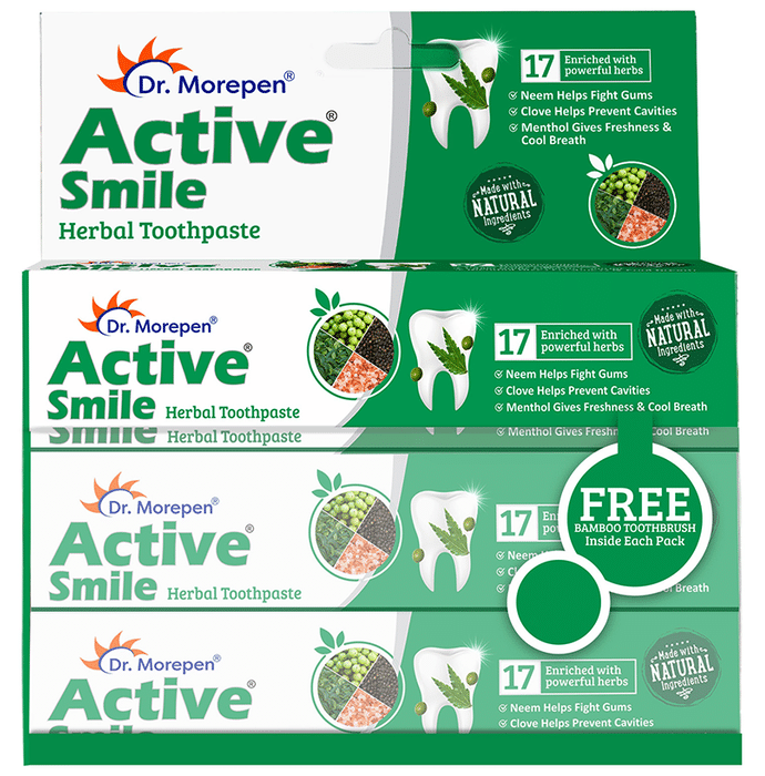 Dr Morepen Active Smile Herbal Toothpaste (100gm Each) with Bamboo Toothbrush Free Inside Each Pack