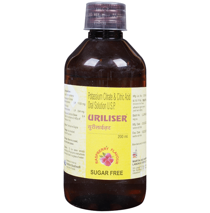 Uriliser Potassium Citrate & Citric Acid Oral Solution | Sugar-Free | Flavour Raspberry