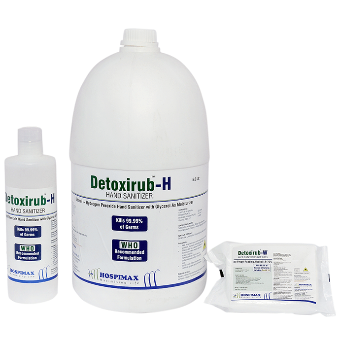 Detoxirub Combo Pack of Detoxirub-H Hand Sanitizer 5Ltr 500ml & Detoxirub-W Rapid Disinfection 30 Wet Wipes